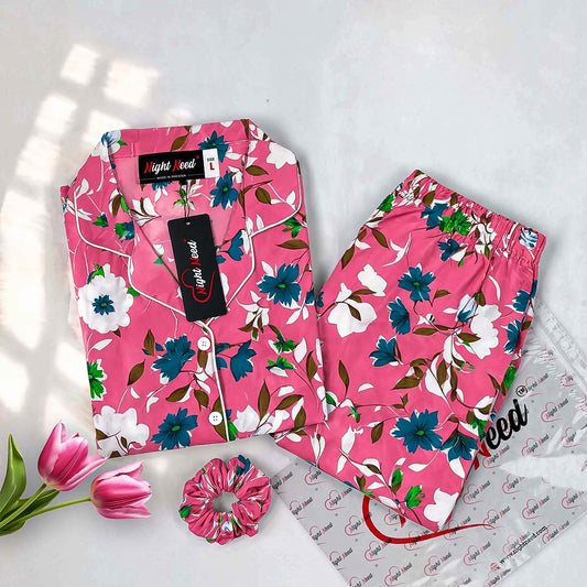 Imported Premium Linen Printed Flowers with Leaves Pj Set - PL6