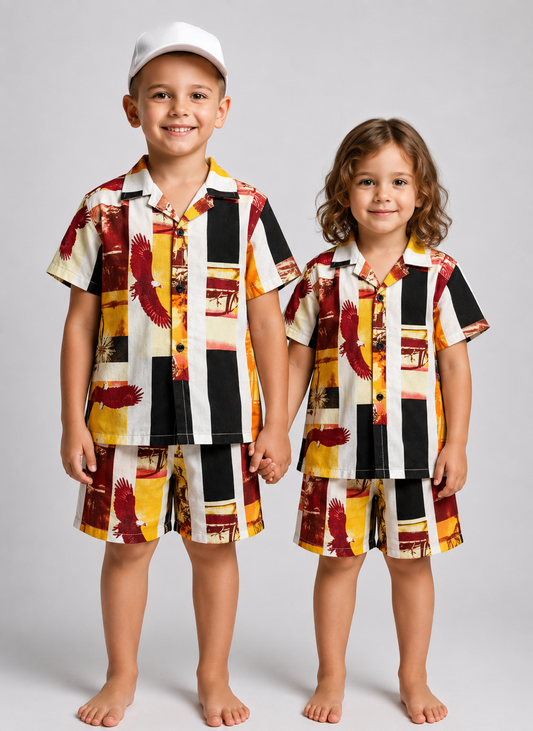Kite Print Kids Linen Half Sleeve Tee & Shorts Set
