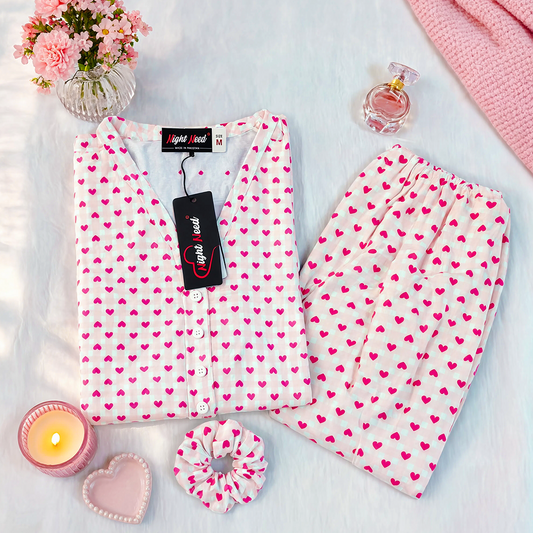 Pink Heart Printed Crinkled Cotton Night Suit