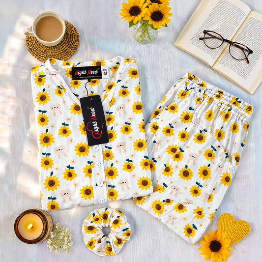 Sunflower Printed Crinkled Cotton Night Suit