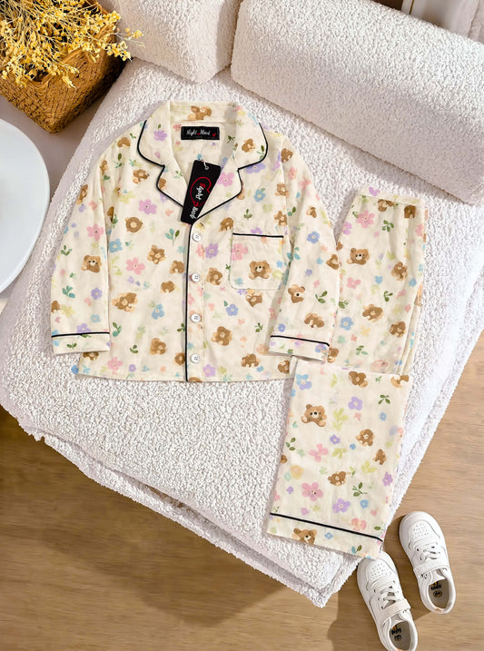 Kids Floral & Bear Printed Crinkled Cotton Night Suit