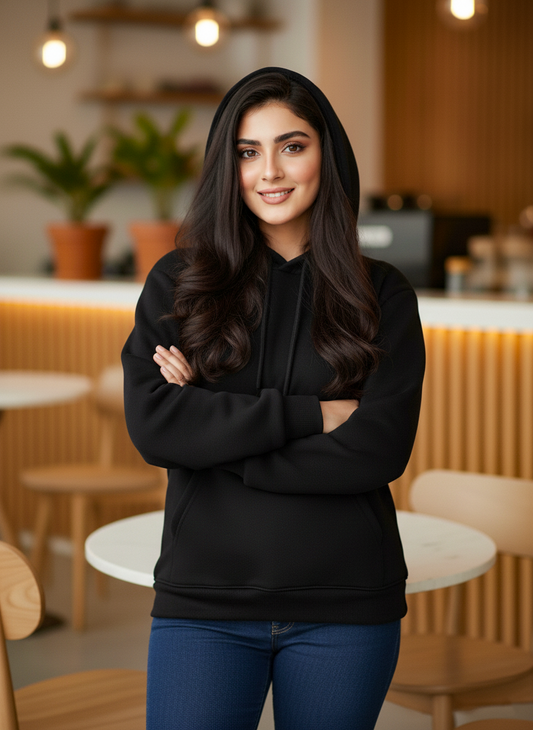 Winter Black Basic Hoodie For Women