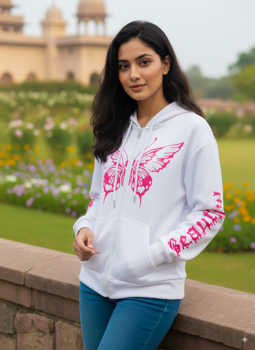 Pink Butterfly Printed Zipper Hoodie For Women