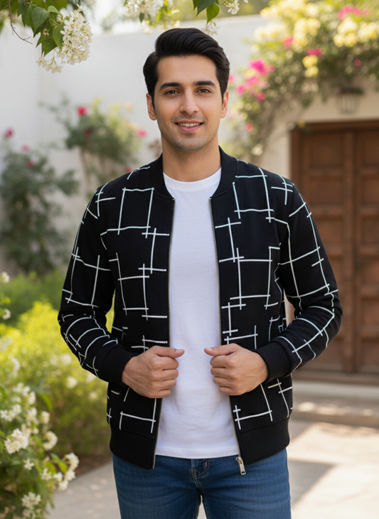 Winter Black Printed Zipper Jacket For Men