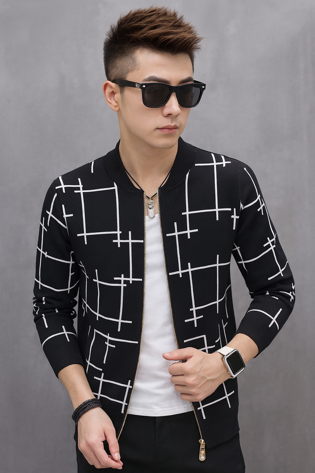 Winter Black Printed Zipper Jacket For Men