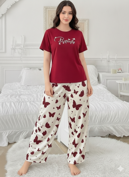 Red Butterfly Printed Half Sleeve Night Suit (7-16 Years)