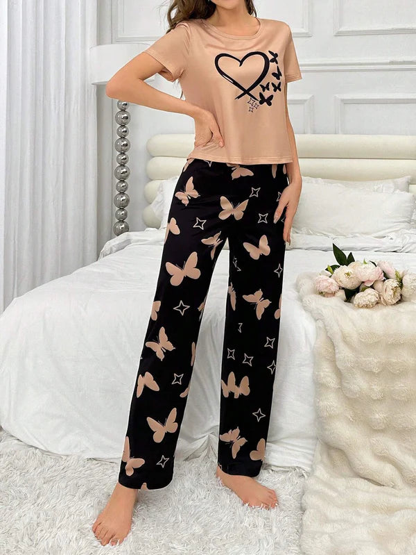 Heart and Butterfly Printed Night Suit