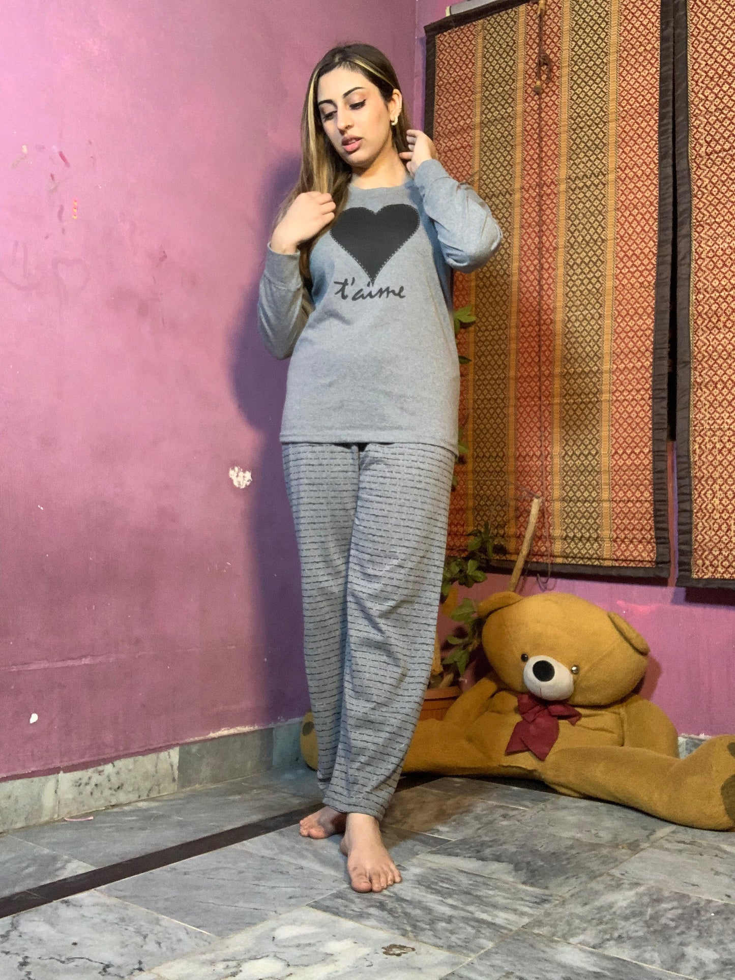 Black Heart Printed Night Suit