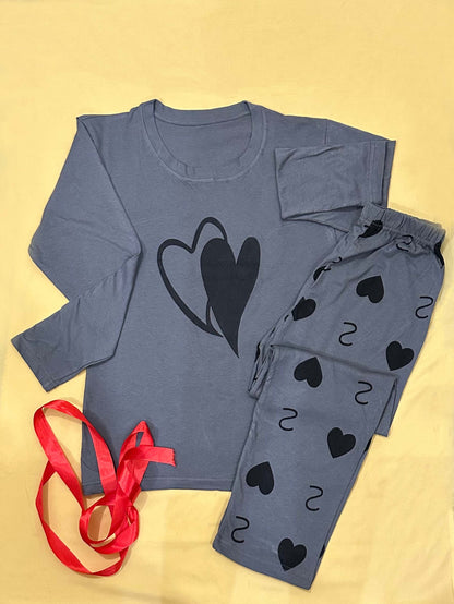 Grey Double Heart Full Sleeve Printed Night Suits