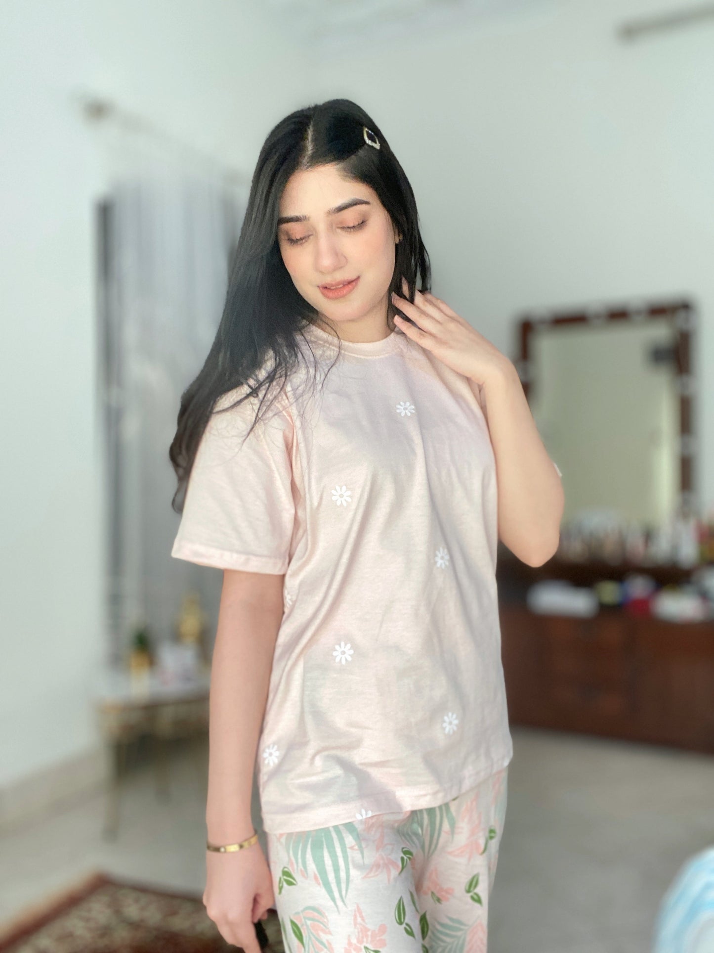 Peach Pajama Printed Night Suit