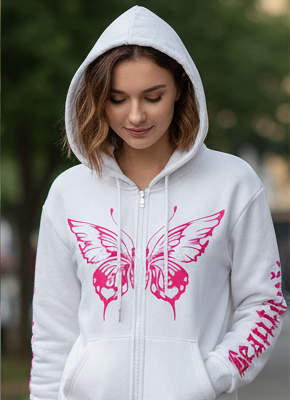 Pink Butterfly Printed Zipper Hoodie For Women