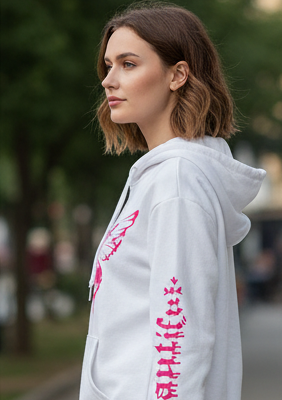 Pink Butterfly Printed Zipper Hoodie For Women