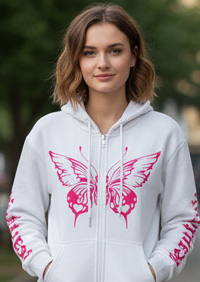 Pink Butterfly Printed Zipper Hoodie For Women