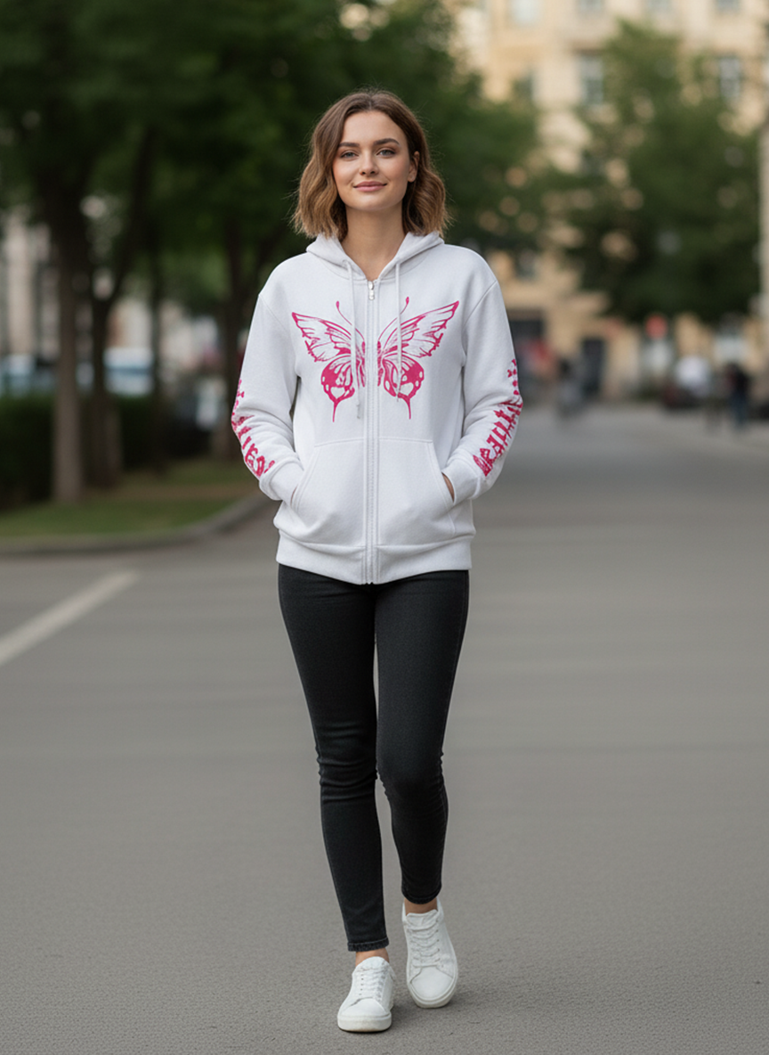 Pink Butterfly Printed Zipper Hoodie For Women