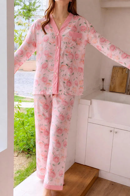 Pink Rose V-Neck Button Printed Night Suit