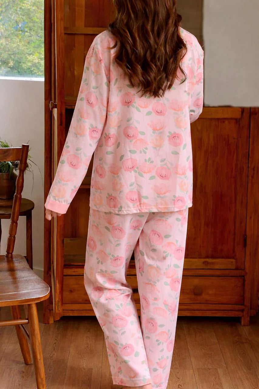 Pink Rose V-Neck Button Printed Night Suit