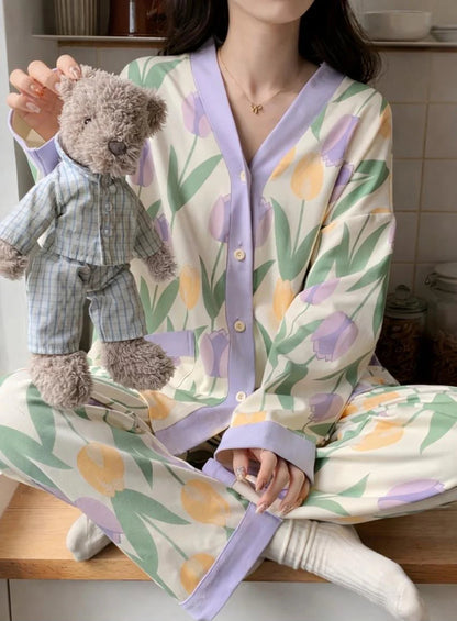 Off White With Flower V-Neck Button Printed Night Suit