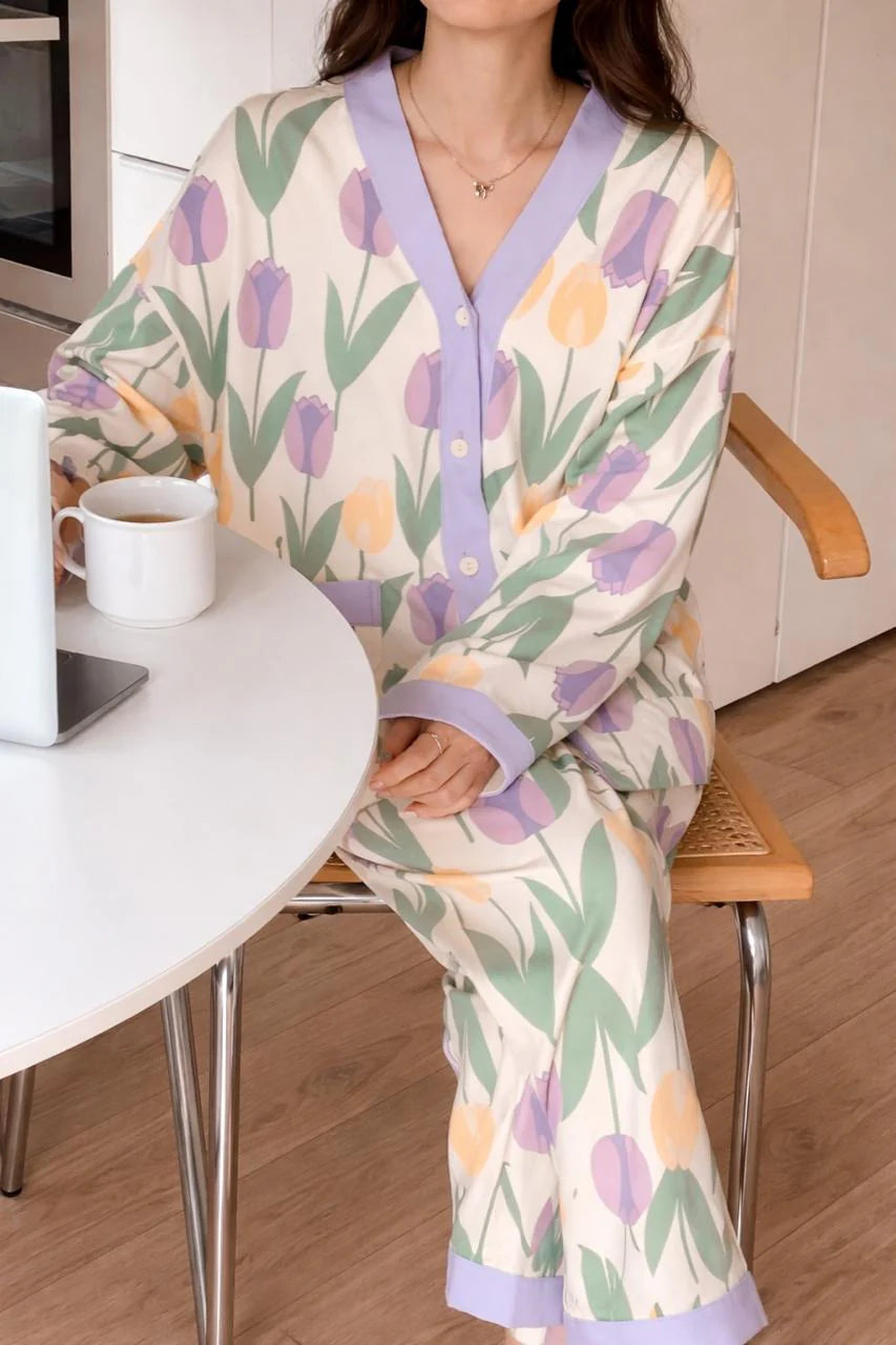 Off White With Flower V-Neck Button Printed Night Suit