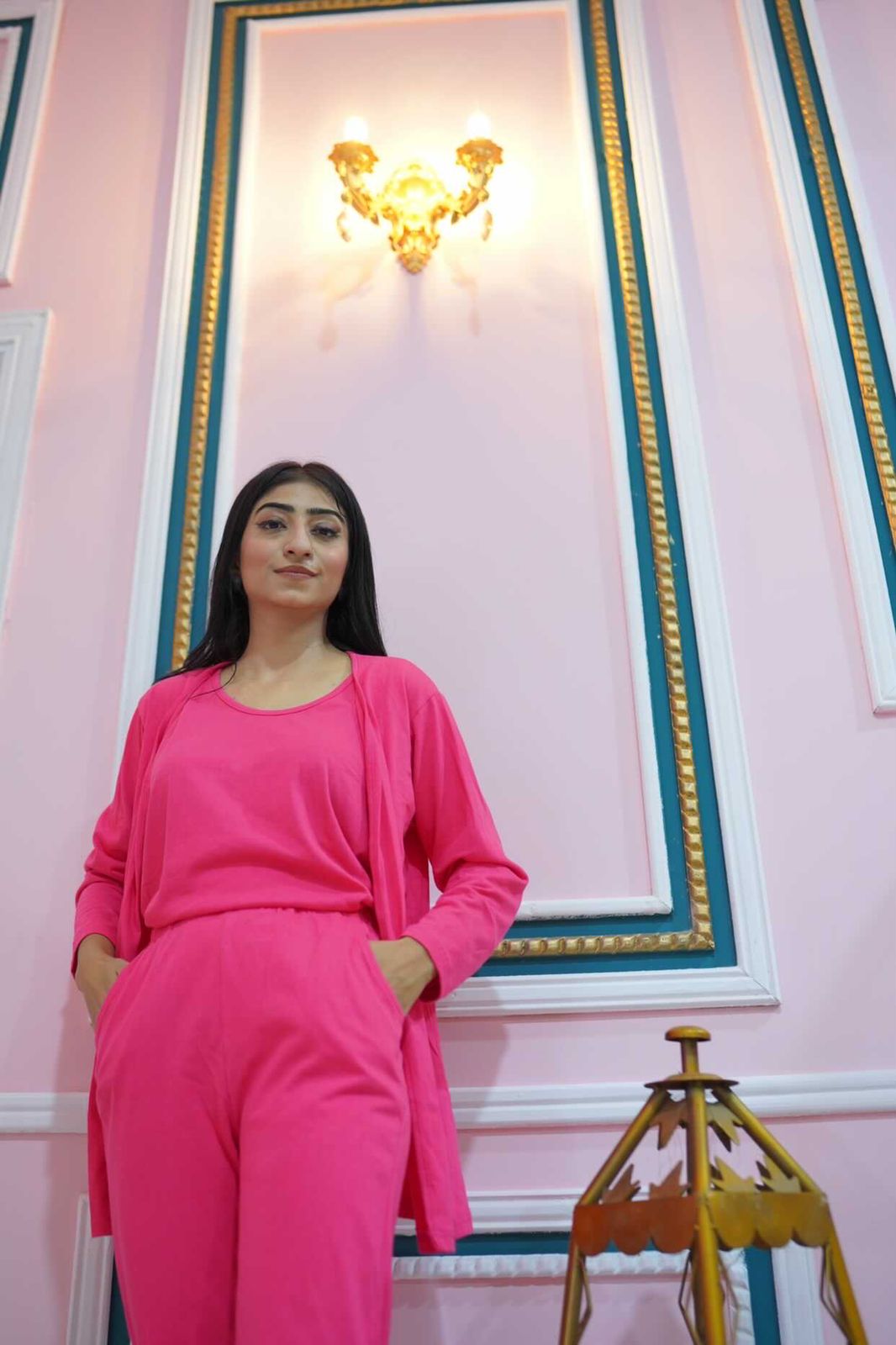 3 Piece Hot Pink Plain Nightwear