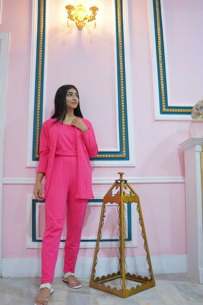 3 Piece Hot Pink Plain Nightwear