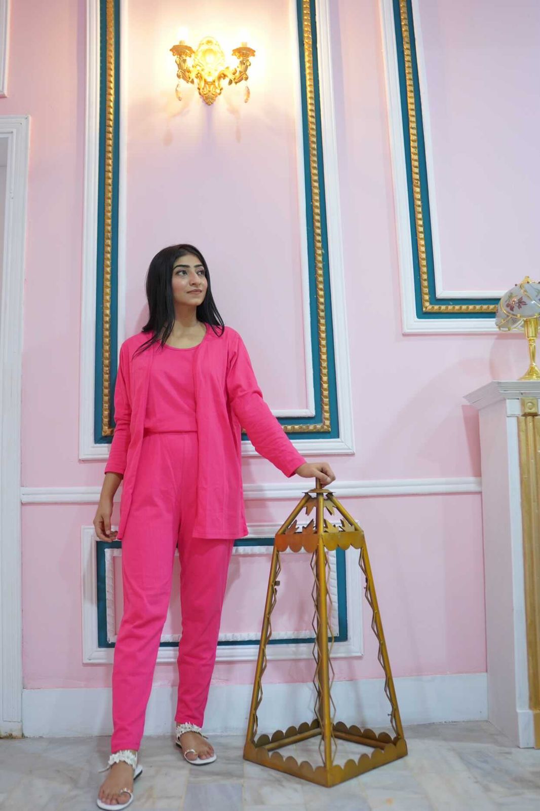 3 Piece Hot Pink Plain Nightwear