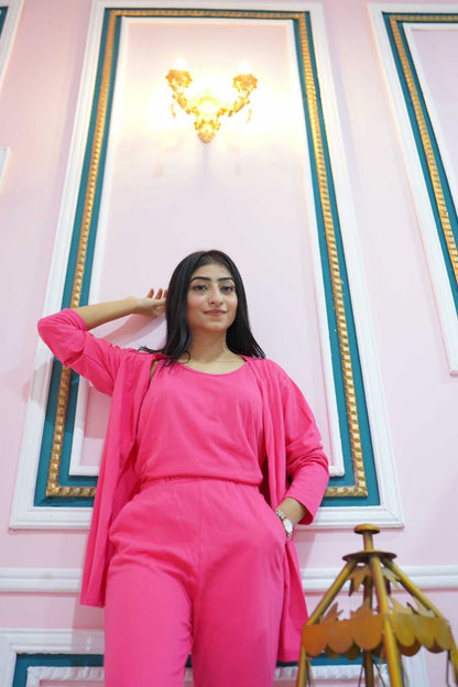 3 Piece Hot Pink Plain Nightwear