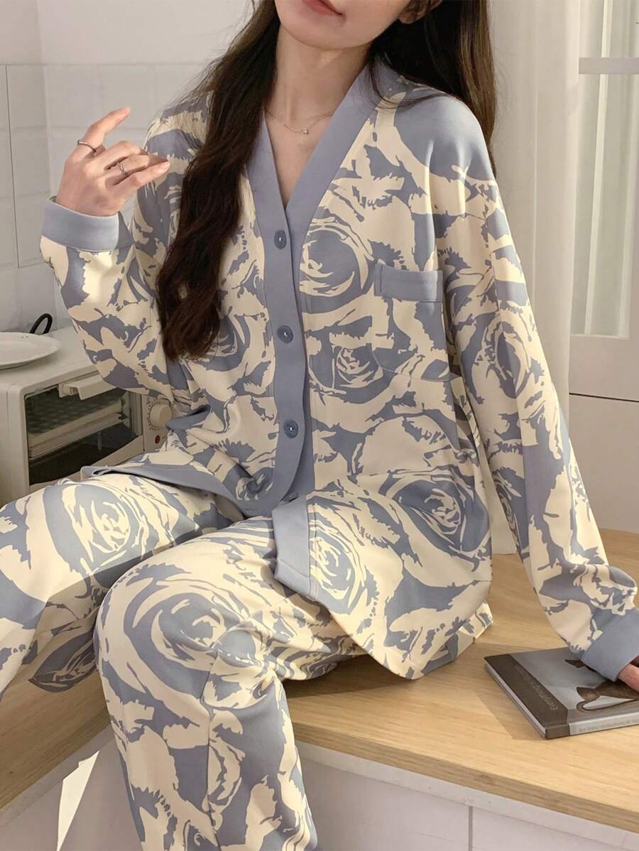 Grey Petals V-Neck Button Printed Night Suit