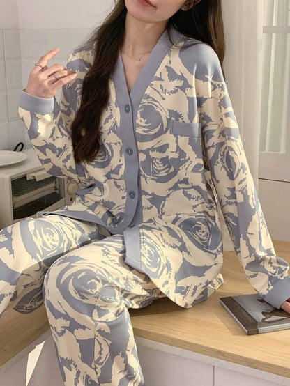 Grey Petals V-Neck Button Printed Night Suit