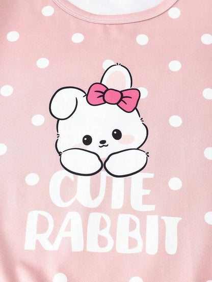 Pink Cute Rabbit Printed Half Sleeve Night Suit (7-14 Years)