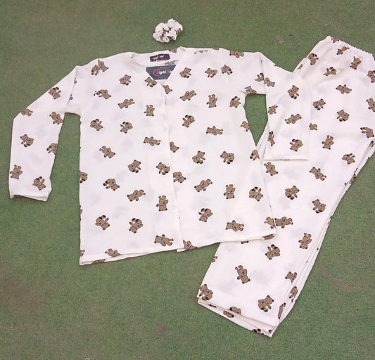 Brown Teddy Bear Printed Knitted Night Suit