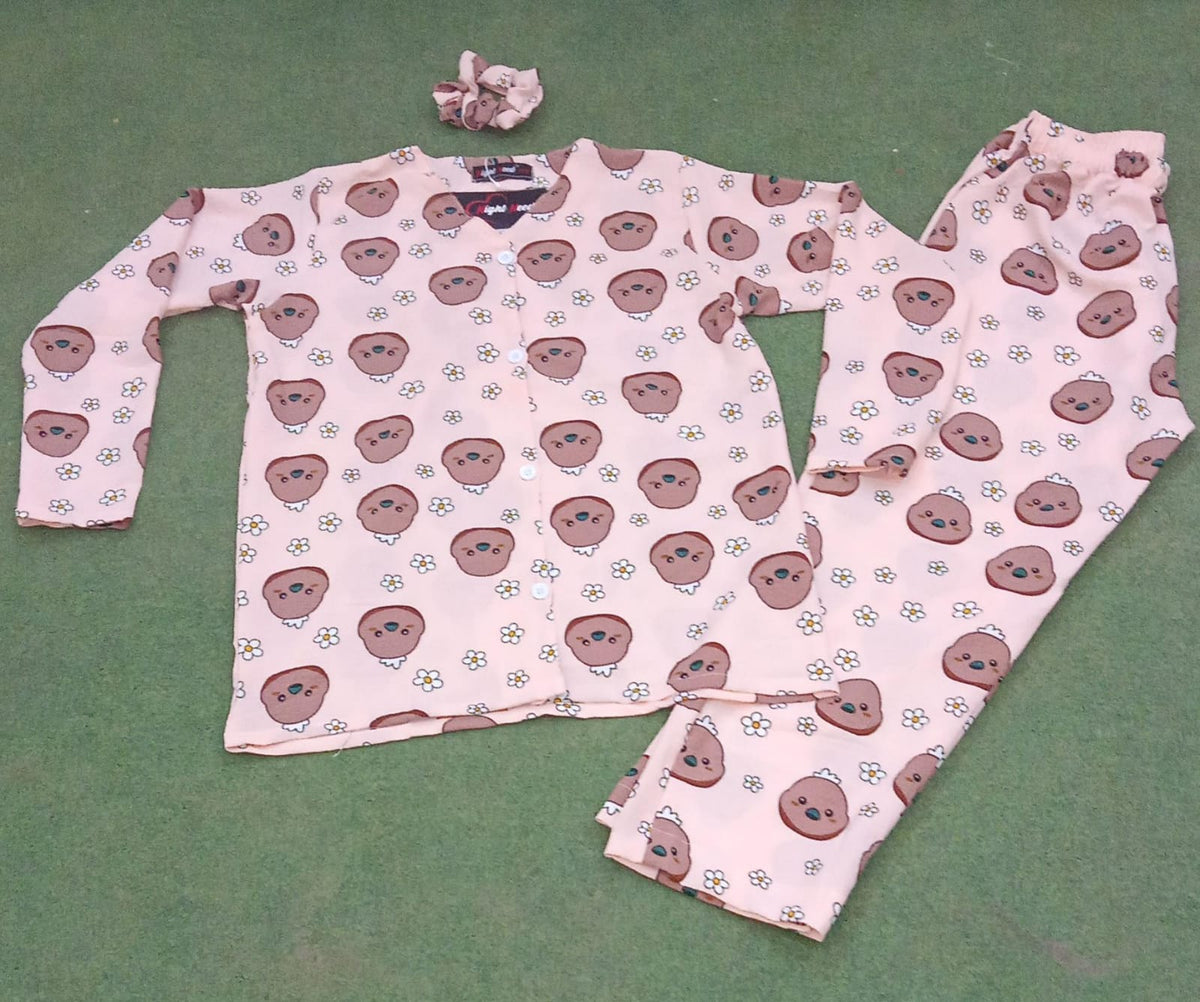 Cartoon Bear Face Printed Crinkled Cotton Night Suit