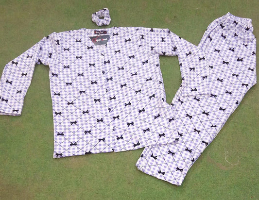 Grey Liner Bow Printed Knitted Night Suit