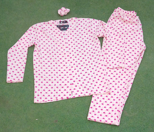 Pink Heart Printed Knitted Night Suit