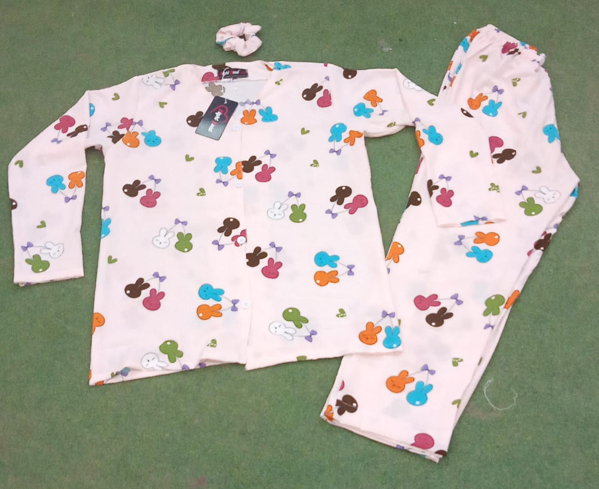 Rabbit & Cherry Printed Crinkled Cotton Night Suit