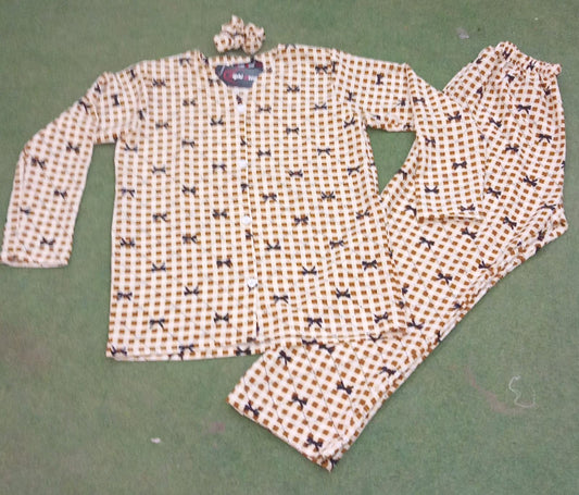 Brown Checkered Bow Printed Knitted Night Suit
