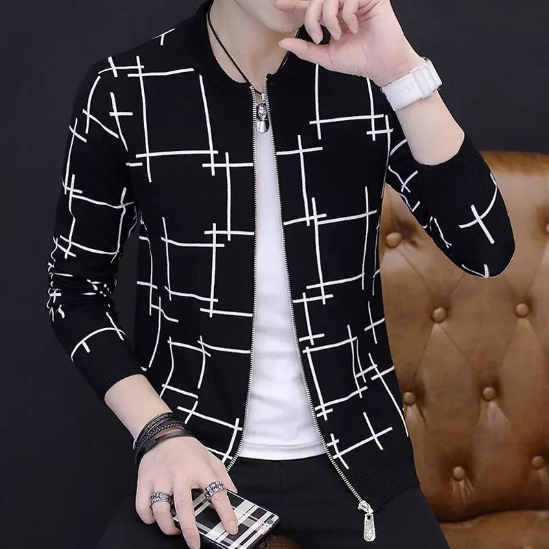 Winter Black Printed Zipper Jacket For Men