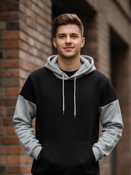 Winter Black With Grey Basic Hoodie For Men