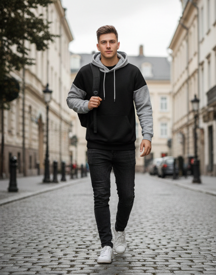 Winter Black With Grey Basic Hoodie For Men
