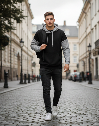 Winter Black With Grey Basic Hoodie For Men