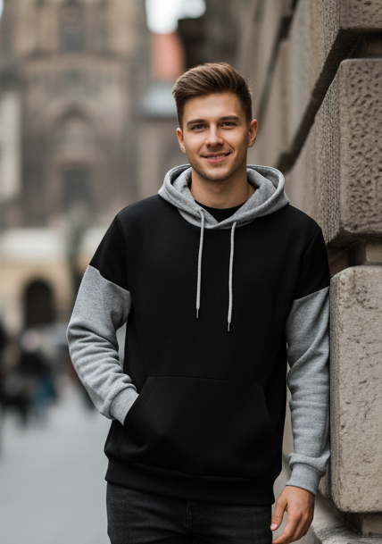 Winter Black With Grey Basic Hoodie For Men
