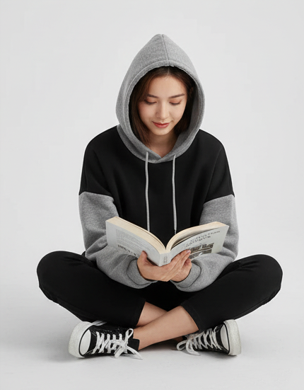 Winter Black With Grey Basic Hoodie For Women