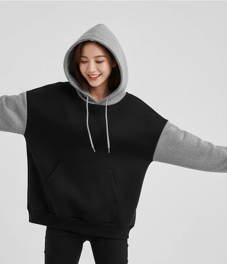 Winter Black With Grey Basic Hoodie For Women