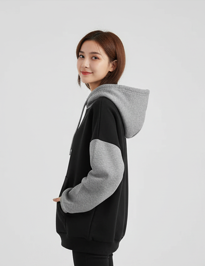 Winter Black With Grey Basic Hoodie For Women