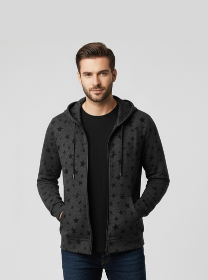 Winter Charcoal Star Printed Zipper Hoodie For Men