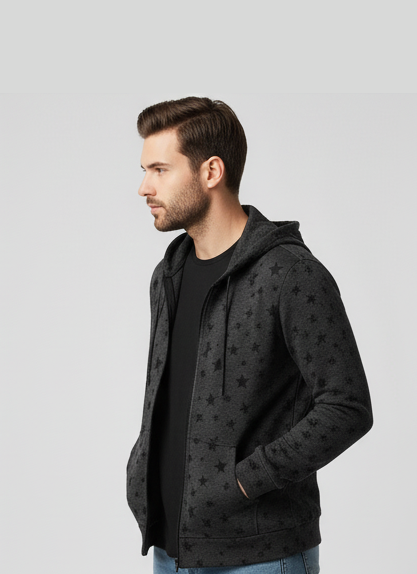 Winter Charcoal Star Printed Zipper Hoodie For Men