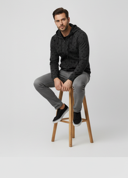 Winter Charcoal Star Printed Zipper Hoodie For Men