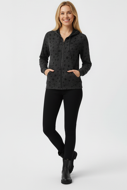 Winter Charcoal Star Printed Zipper Hoodie For Women