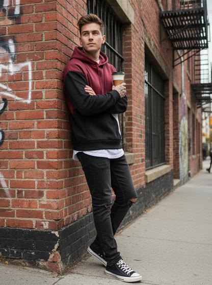 Winter Maroon Black Hoodie For Men