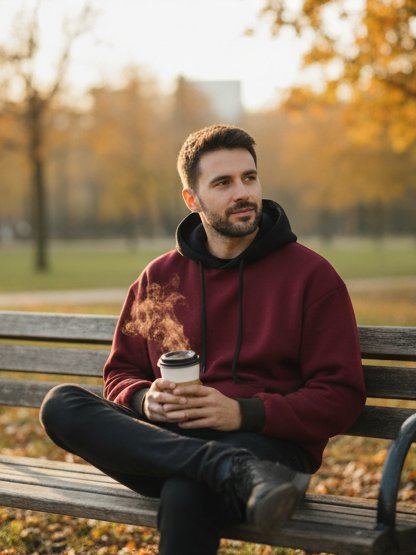 Winter Maroon With Black Basic Hoodie For Men