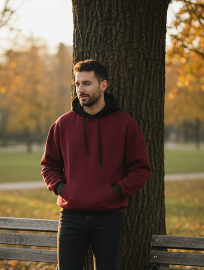 Winter Maroon With Black Basic Hoodie For Men